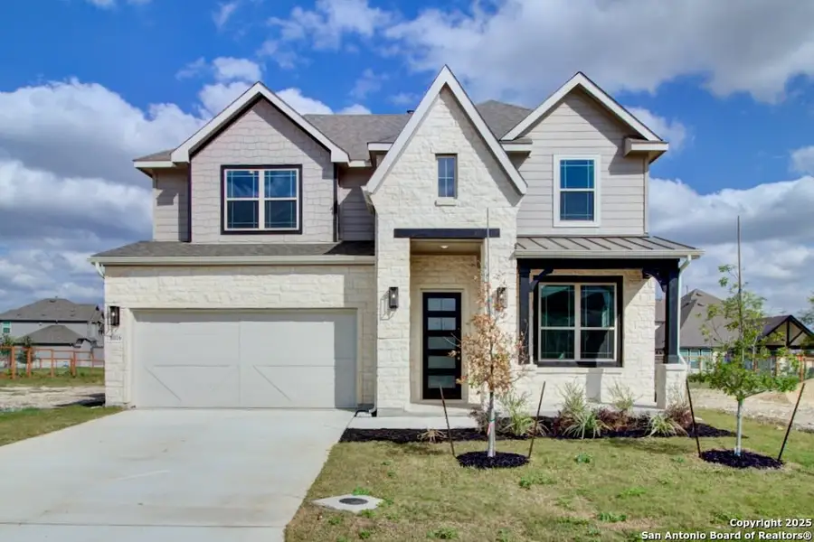 Front exterior of a new home in The Crossvine, Schertz, TX, highlighting curb appeal (Image 1). Front exterior of a new home in The Crossvine, Schertz, TX, highlighting curb appeal (Image 1).
