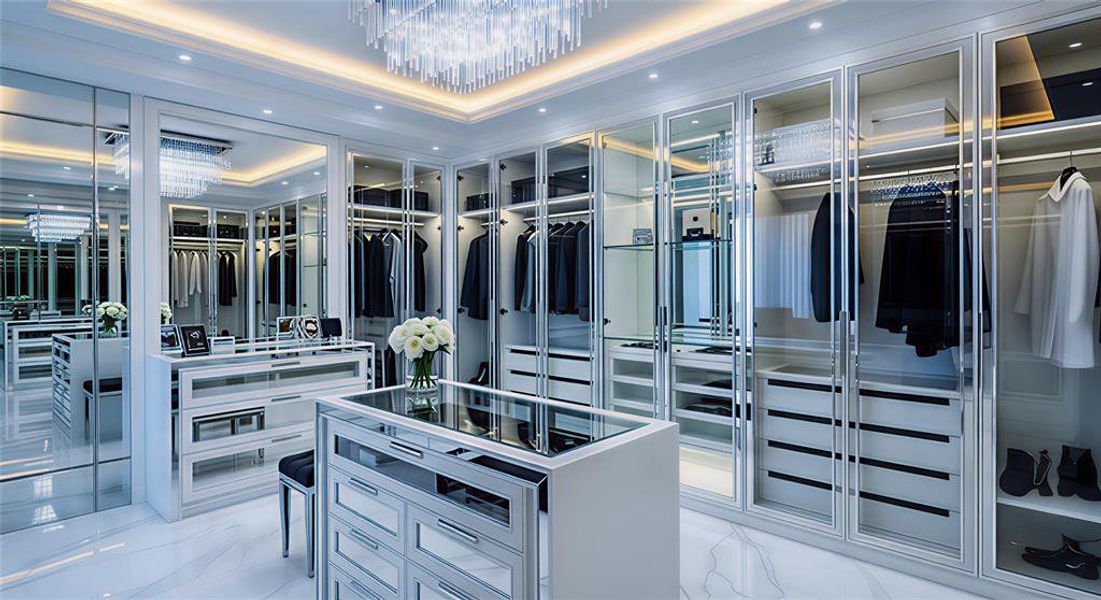 Spacious closet with light marble finish flooring, a raised ceiling, and a chandelier