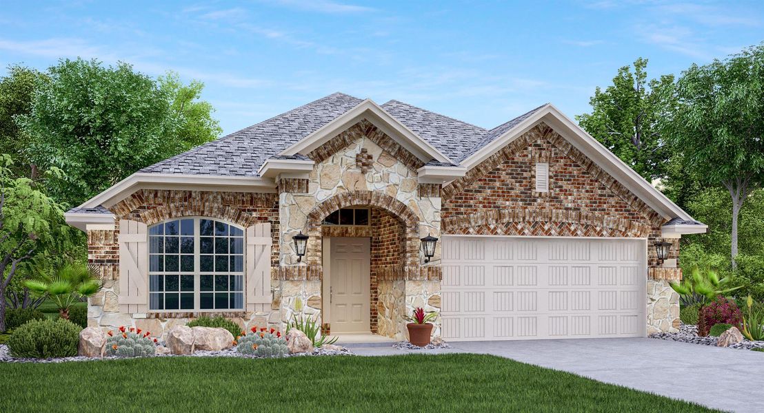 Front exterior of a new home in Lively Ranch: Brookstone Collection, Georgetown, TX, highlighting curb appeal (Image 1). Front exterior of a new home in Lively Ranch: Brookstone Collection, Georgetown, TX, highlighting curb appeal (Image 1).