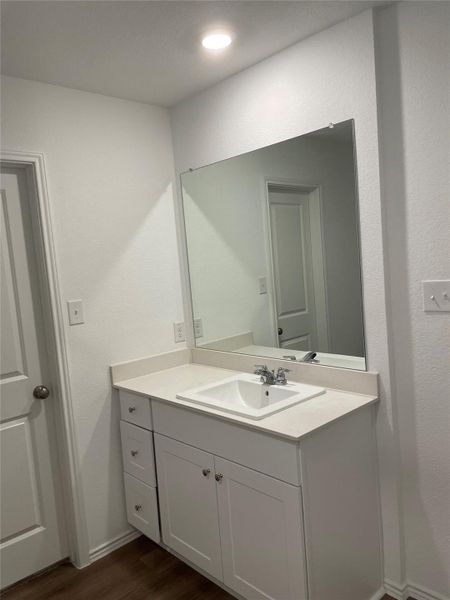 Bathroom featuring a textured wall, dark wood-style floors, and vanity