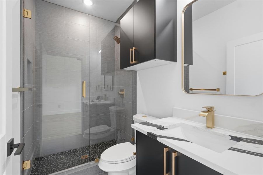 Full bath with vanity and a shower stall