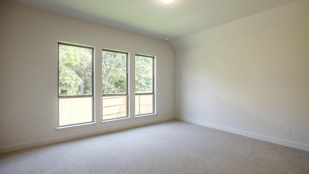 Carpeted empty room featuring baseboards and lofted ceiling