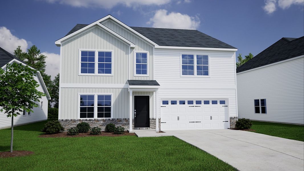 Representative exterior photo of a completed home built from the Warren - Genesis Value Collection by Mungo Homes in Meadows at Lilah Grove, Summerfield, NC (Image 6).