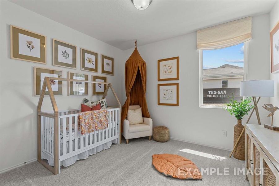 Carpeted bedroom with a crib