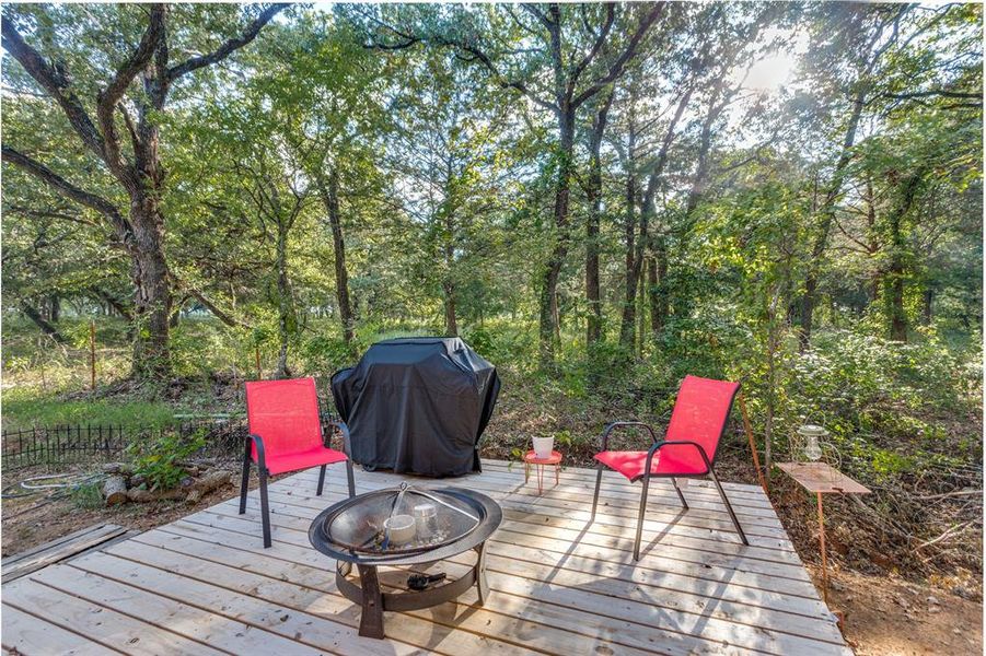 Deck with area for grilling and a fire pit