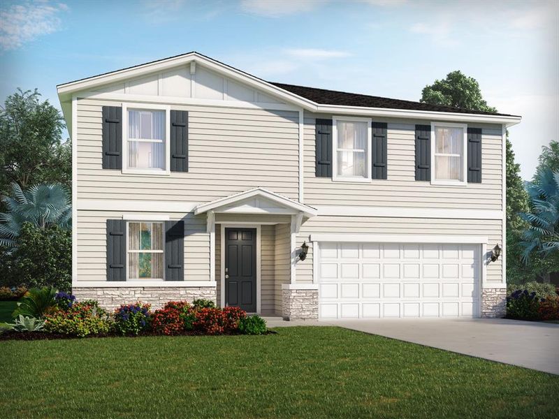 Front exterior of a new home in Flagler Village - Signature Series, Palm Coast, FL, highlighting curb appeal (Image 1). Front exterior of a new home in Flagler Village - Signature Series, Palm Coast, FL, highlighting curb appeal (Image 1).