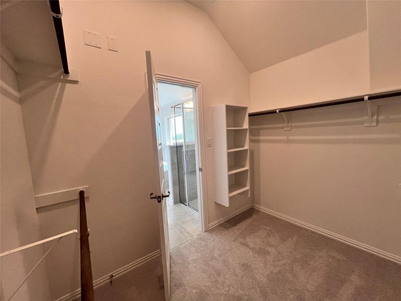 Spacious closet featuring lofted ceiling and carpet flooring Spacious closet featuring lofted ceiling and carpet flooring