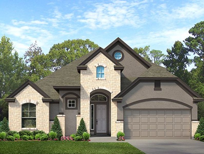 Front exterior of a new home in The Highlands, Porter, TX, highlighting curb appeal (Image 15). Front exterior of a new home in The Highlands, Porter, TX, highlighting curb appeal (Image 15).