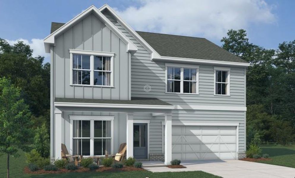 Front exterior of a new home in The Pointe at Heron Bay, Locust Grove, GA, highlighting curb appeal (Image 8). Front exterior of a new home in The Pointe at Heron Bay, Locust Grove, GA, highlighting curb appeal (Image 8).