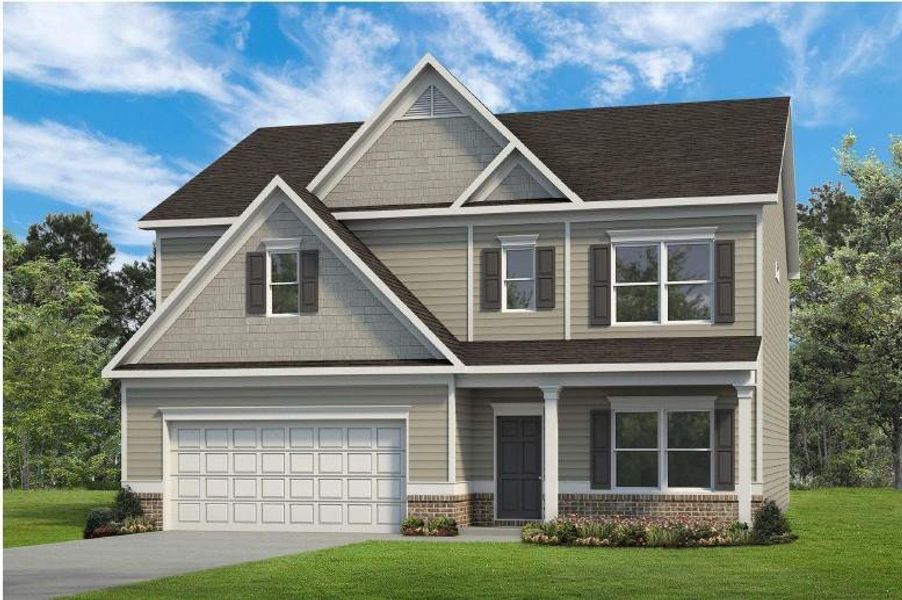 Front exterior of a new home in Roxeywood Park, Winder, GA, highlighting curb appeal (Image 1).