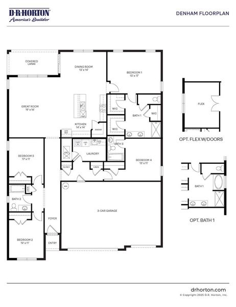 2D floor plan layout for the Denham by D.R. Horton in Indian River Preserve, Mims, FL (Image 3).