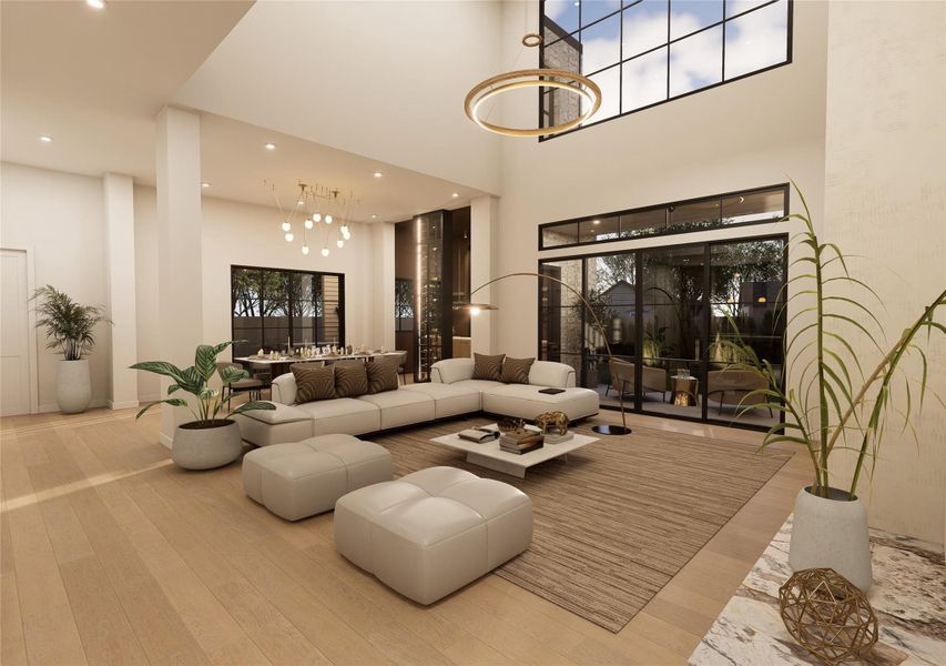 Dramatic in scale yet grounded in warmth, this double-height living space is framed by oversized windows and sleek sliding doors that open to a private outdoor retreat. Layered lighting, tailored textures, and architectural volume converge to create a refined environment designed for gathering and unwinding alike. Dramatic in scale yet grounded in warmth, this double-height living space is framed by oversized windows and sleek sliding doors that open to a private outdoor retreat. Layered lighting, tailored textures, and architectural volume converge to create a refined environment designed for gathering and unwinding alike.