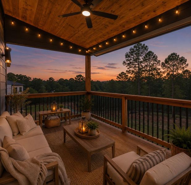 *Virtually staged. Relax on this inviting covered deck, offering serene views of the surrounding natural landscape at twilight. *Virtually staged. Relax on this inviting covered deck, offering serene views of the surrounding natural landscape at twilight.