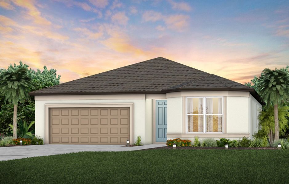 Front exterior of a new home in Evergreen, Thonotosassa, FL, highlighting curb appeal (Image 1). Front exterior of a new home in Evergreen, Thonotosassa, FL, highlighting curb appeal (Image 1).