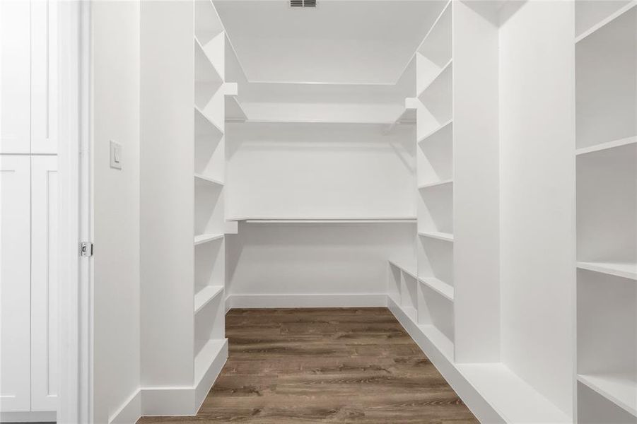 Walk in closet featuring dark hardwood / wood-style flooring