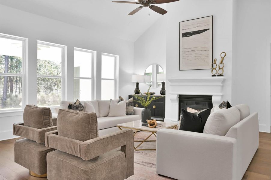 Recessed furniture niche to left of fireplace is great design for furniture/decor and/or media. Recessed furniture niche to left of fireplace is great design for furniture/decor and/or media.