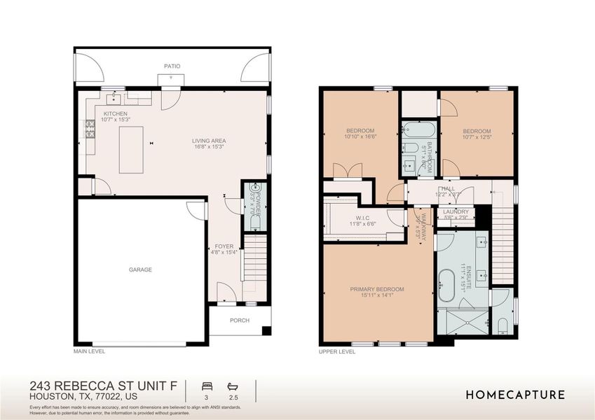 This floor plan features 3 bedrooms, 2 full baths, 1 half bath and over 1,500 square feet of living space.