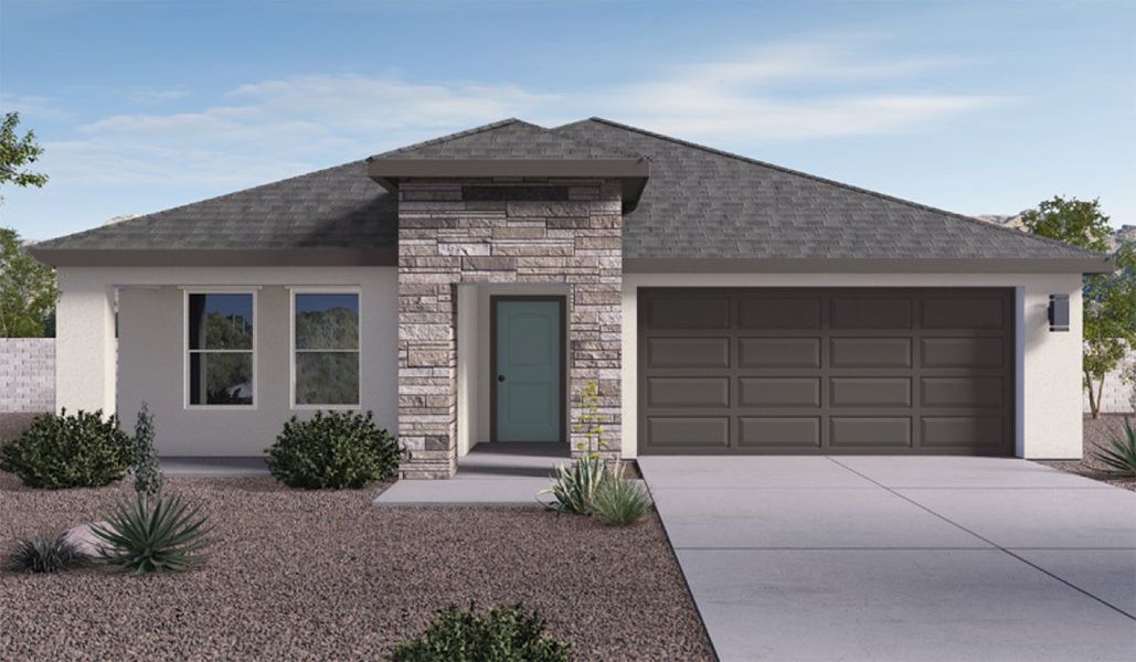 Front exterior of a new home in Barnett Village, Marana, AZ, highlighting curb appeal (Image 1).