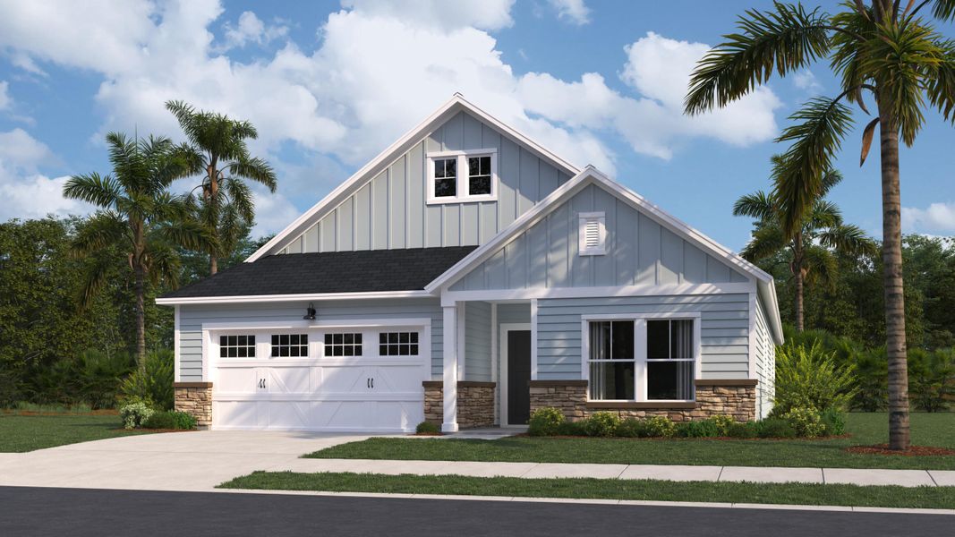 Front exterior of a new home in Horizons at Carnes Crossroads | 55+: Legends Collection, Summerville, SC, highlighting curb appeal (Image 15). Front exterior of a new home in Horizons at Carnes Crossroads | 55+: Legends Collection, Summerville, SC, highlighting curb appeal (Image 15).