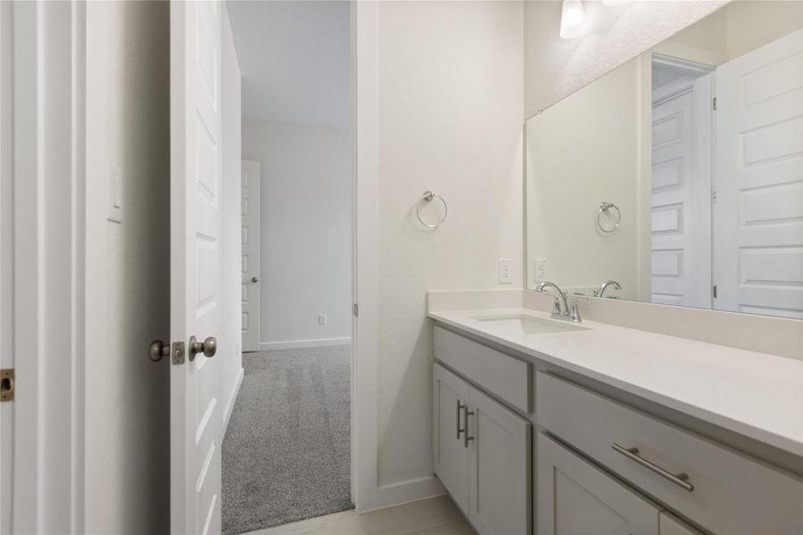 Bathroom with light carpet and vanity