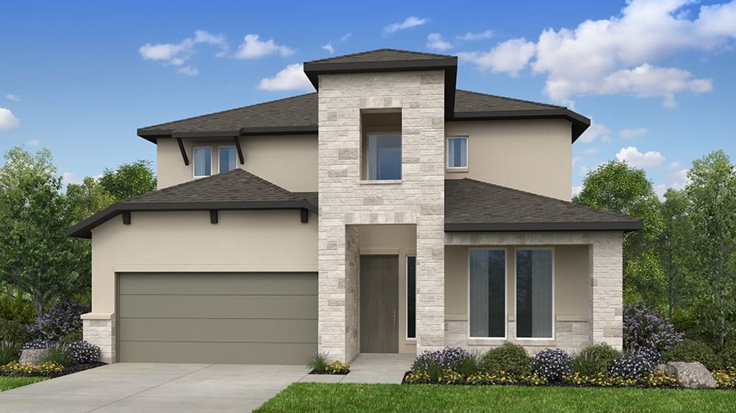 Representative exterior photo of a completed home built from the Piedmont by Taylor Morrison in Turners Crossing, Austin, TX (Image 5). Representative exterior photo of a completed home built from the Piedmont by Taylor Morrison in Turners Crossing, Austin, TX (Image 5).