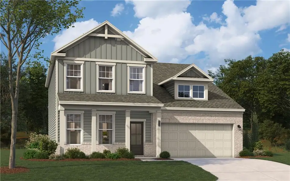 Front exterior of a new home in Madison at Buice Lake, Acworth, GA, highlighting curb appeal (Image 1). Front exterior of a new home in Madison at Buice Lake, Acworth, GA, highlighting curb appeal (Image 1).