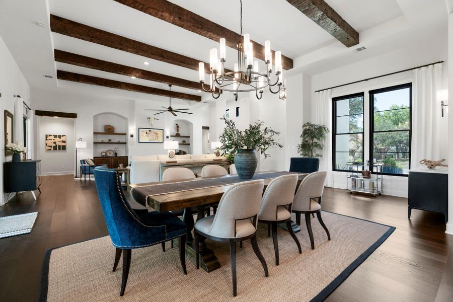 Oversized dining area fit for large gatherings and entertaining friends and family. Powered privacy screens on windows are hidden and can be controlled with a mobile app. Oversized dining area fit for large gatherings and entertaining friends and family. Powered privacy screens on windows are hidden and can be controlled with a mobile app.