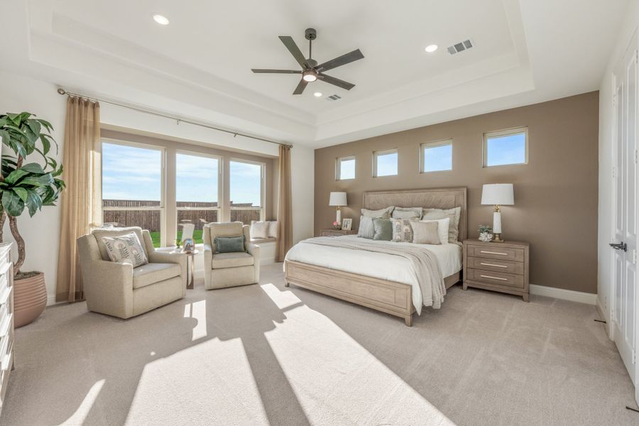 Spacious master bedroom with tray ceiling, ceiling fan, neutral carpet, and large windows with natural light