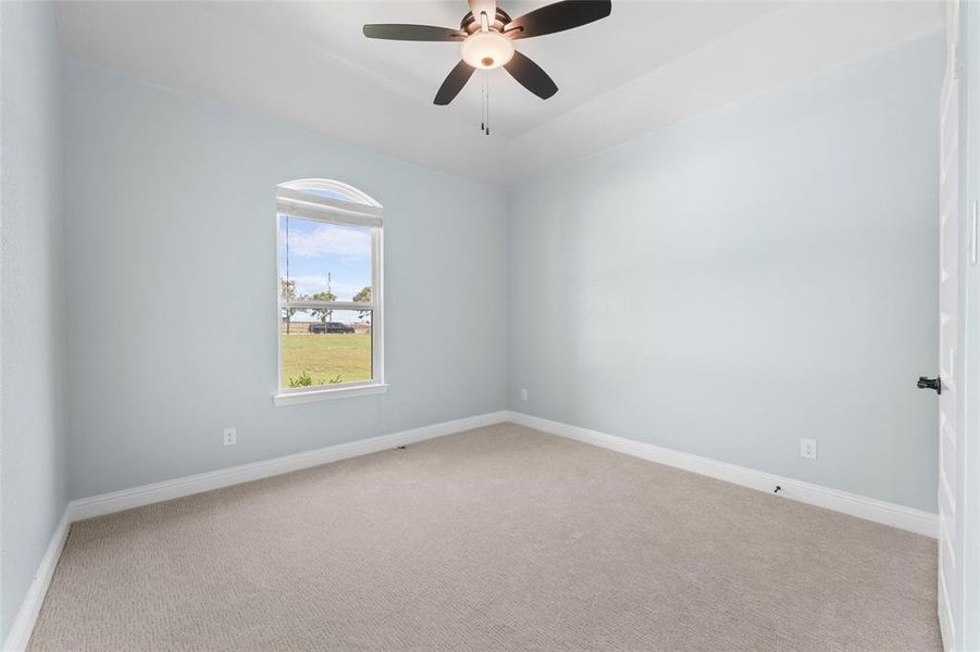 Carpeted spare room featuring ceiling fan