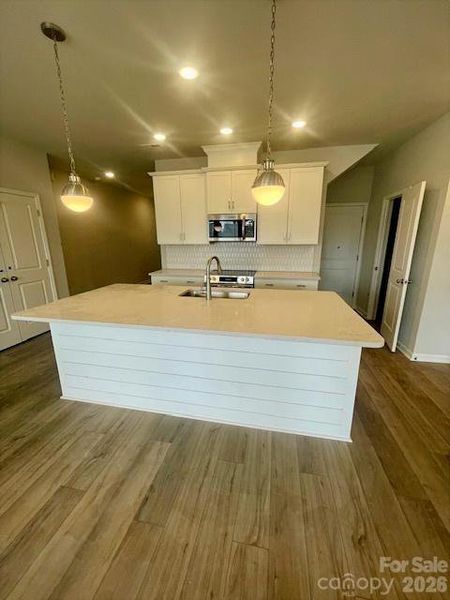 itchen features 42" cabinets, soft close doors & drawers, quartz countertops. Oversized island with shiplap wrap. Tile backsplash, pantry has solid shelving. Frigidaire gallery appliances with exhaust venting to the outside. LVP flooring. Home with be complete mid march- actual home professional photos March 13th