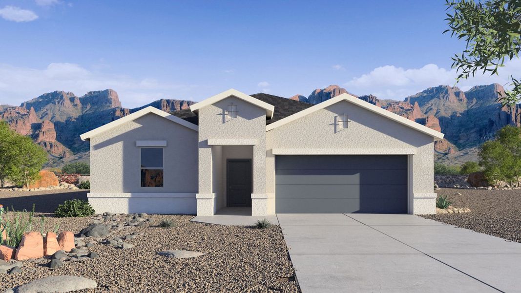 Front exterior of a new home in Quail Ranch, San Tan Valley, AZ, highlighting curb appeal (Image 1). Front exterior of a new home in Quail Ranch, San Tan Valley, AZ, highlighting curb appeal (Image 1).