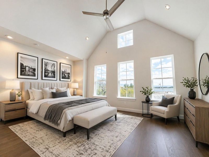 LARGE primary bedroom with high ceilings and tons of natural light!  Virtually staging added.