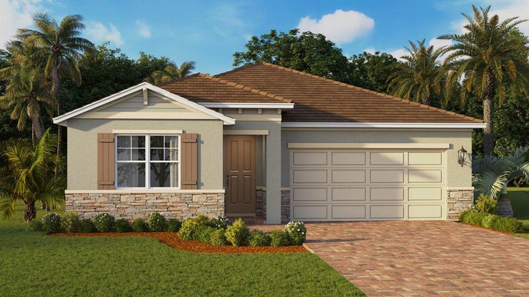 Front exterior of a new home in Lakes of Mount Dora, Mount Dora, FL, highlighting curb appeal (Image 1).