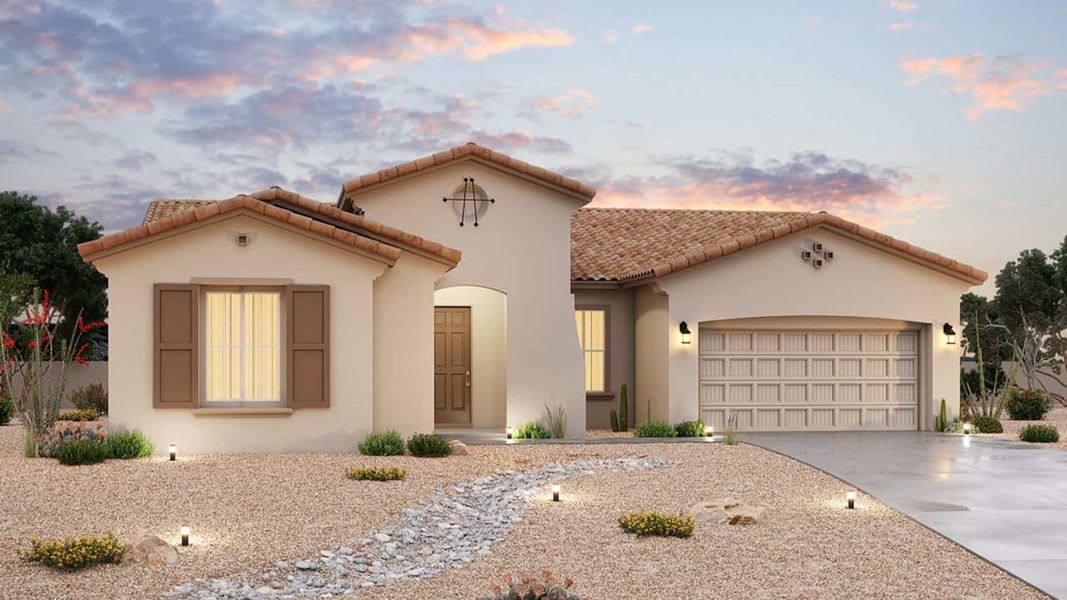 Representative exterior photo of a completed home built from the Carmona by Brightland Homes in Arroyo Seco - Palazzo, Buckeye, AZ (Image 4). Representative exterior photo of a completed home built from the Carmona by Brightland Homes in Arroyo Seco - Palazzo, Buckeye, AZ (Image 4).