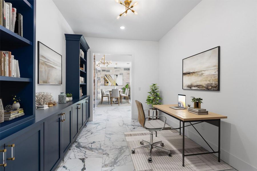 Office area featuring a chandelier, light marble finish floors, and recessed lighting, Virtual staging used
