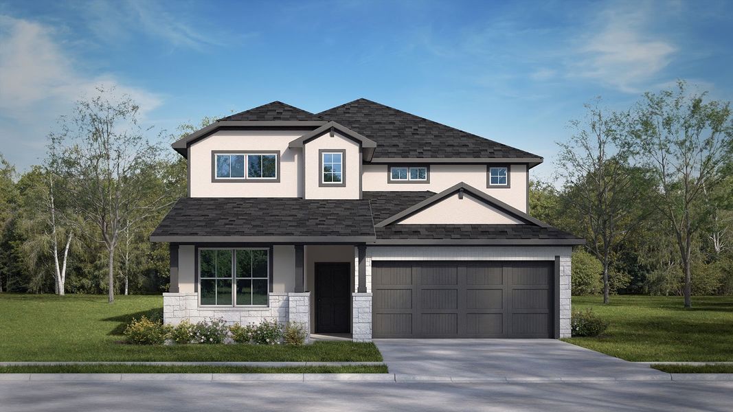 Representative exterior photo of a completed home built from the The Fitzgerald by D.R. Horton in Mayfair, New Braunfels, TX (Image 4).