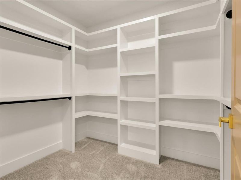 Walk in closet featuring light colored carpet