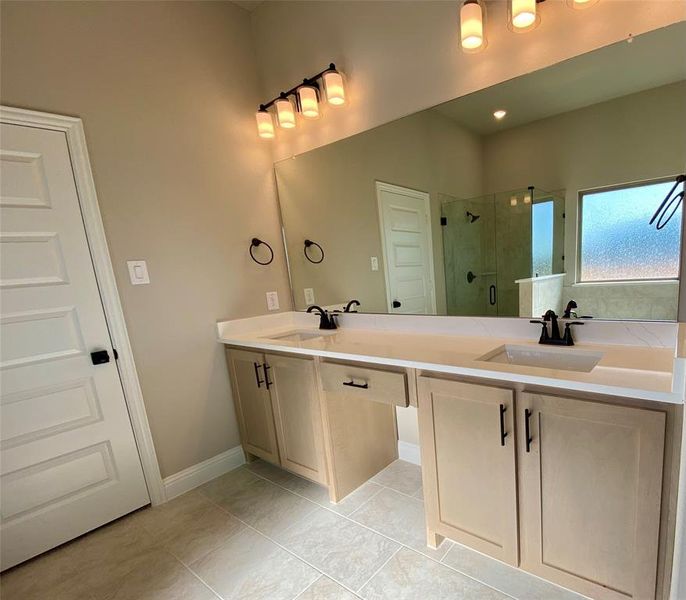 Spacious dual sinks in quartz master bath vanity