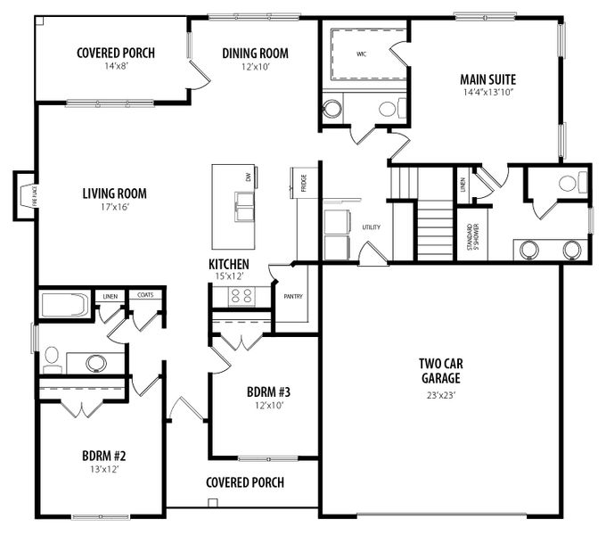 2D floor plan layout for the Smithfield by RiverWILD Homes in Alton Fields, Coats, NC (Image 4). 2D floor plan layout for the Smithfield by RiverWILD Homes in Alton Fields, Coats, NC (Image 4).