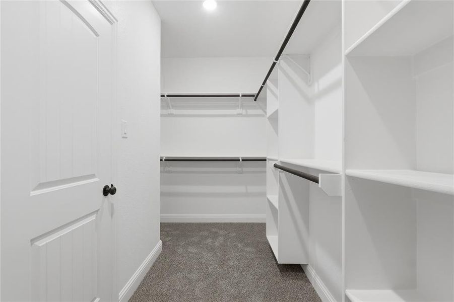 Walk in closet with dark colored carpet