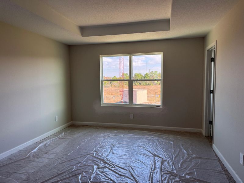 Generous primary suite featuring a tray ceiling and expansive windows Generous primary suite featuring a tray ceiling and expansive windows