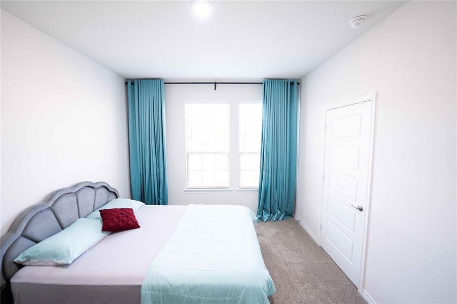 Bright room featuring neutral wall paint, carpet flooring, a multi-pane window with blinds, and a white paneled interior door Bright room featuring neutral wall paint, carpet flooring, a multi-pane window with blinds, and a white paneled interior door