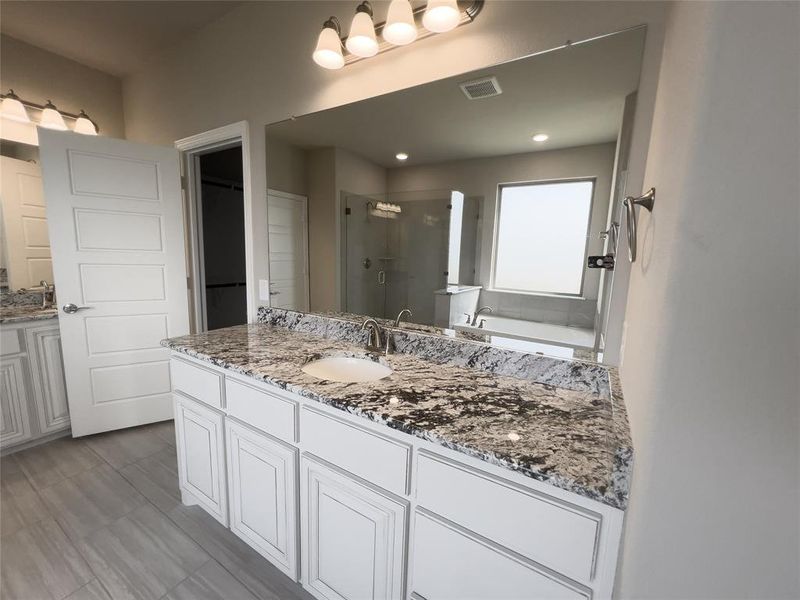 Bathroom featuring vanity and a shower with shower door