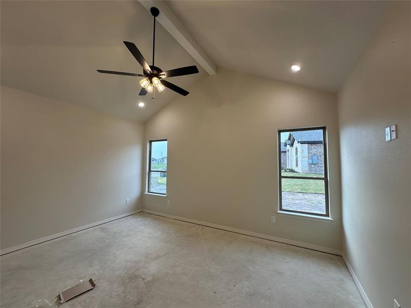 Spare room featuring concrete floors, recessed lighting, and a ceiling fan