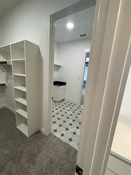 Spacious closet with light colored carpet Spacious closet with light colored carpet