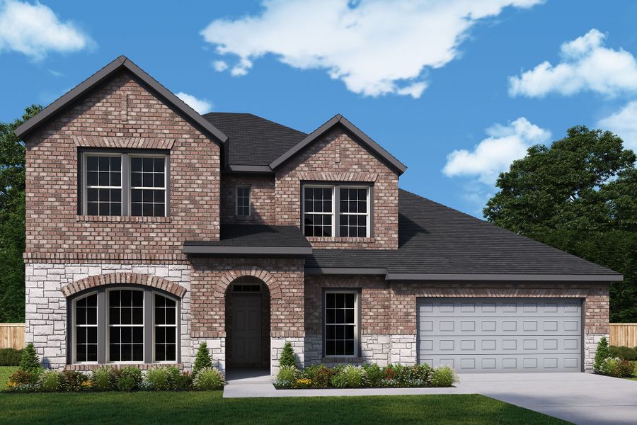 Representative exterior photo of a completed home built from the The Hart by David Weekley Homes in Sundance Cove Lakeside, Crosby, TX (Image 18).
