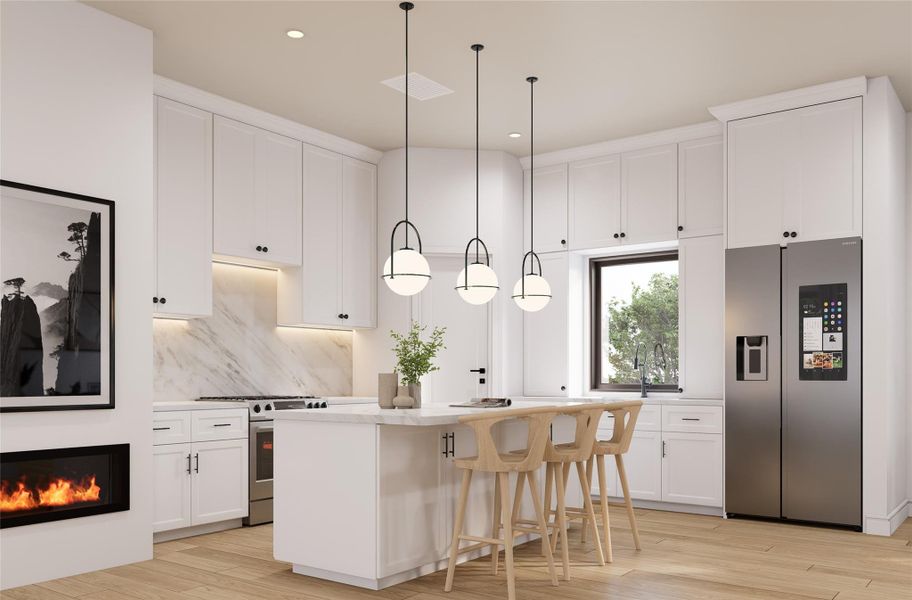 This modern kitchen features sleek white cabinetry, marble countertops, and a central island with bar seating. Pendant lights add elegance, while a stainless steel refrigerator and integrated appliances offer functionality. A cozy fireplace and large window enhance the space with warmth and natural light. This modern kitchen features sleek white cabinetry, marble countertops, and a central island with bar seating. Pendant lights add elegance, while a stainless steel refrigerator and integrated appliances offer functionality. A cozy fireplace and large window enhance the space with warmth and natural light.