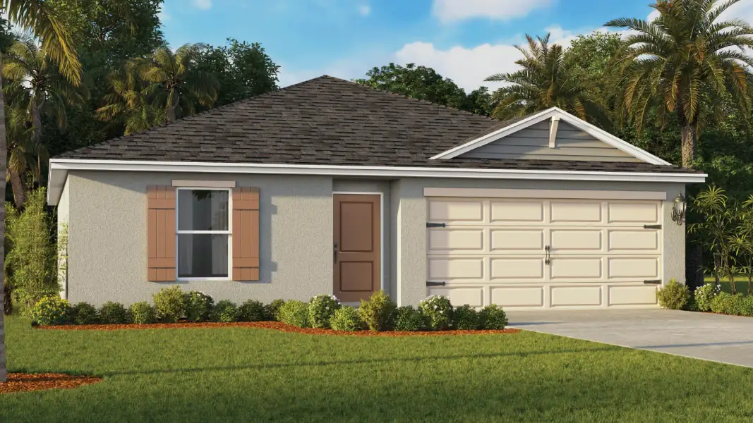 Front exterior of a new home in Gardenside at Ormond Station, Ormond Beach, FL, highlighting curb appeal (Image 2). Front exterior of a new home in Gardenside at Ormond Station, Ormond Beach, FL, highlighting curb appeal (Image 2).