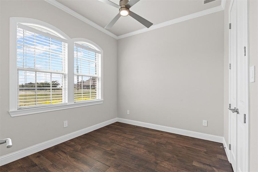 Office with crown molding, dark wood-style flooring, and a ceiling fan Office with crown molding, dark wood-style flooring, and a ceiling fan