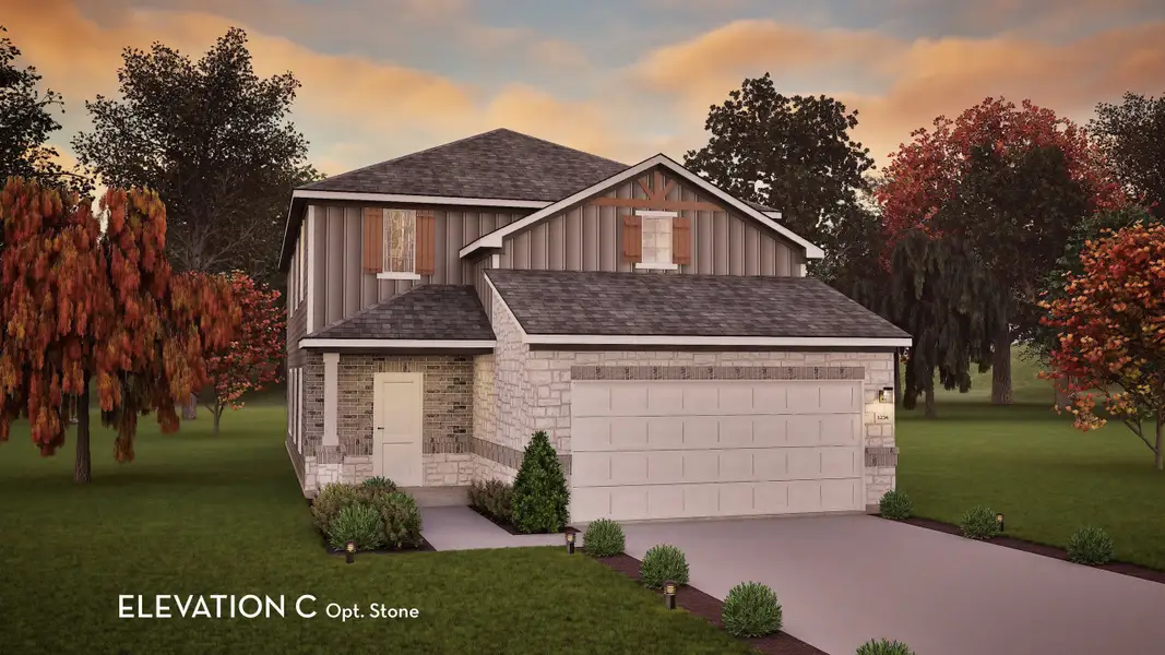 Representative exterior photo of a completed home built from the Willow by CastleRock Communities in Katzer Ranch, Converse, TX (Image 6). Representative exterior photo of a completed home built from the Willow by CastleRock Communities in Katzer Ranch, Converse, TX (Image 6).